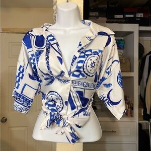 Blue and White Patterned Women's Wrap Top